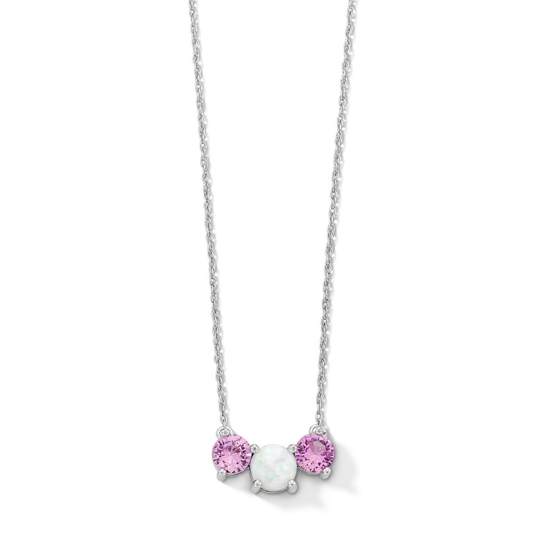 Main Image 1 of 6.0mm Lab-Created Opal and Pink Lab-Created Sapphire Three Stone Necklace in Sterling Silver