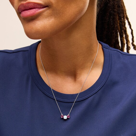 6.0mm Lab-Created Opal and Pink Lab-Created Sapphire Three Stone Necklace in Sterling Silver