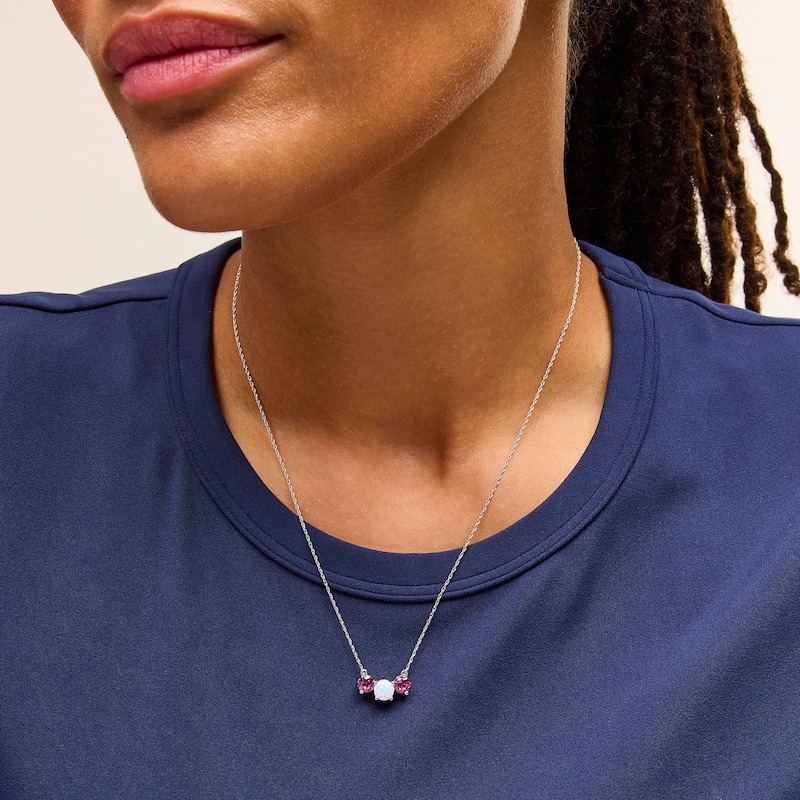 Main Image 2 of 6.0mm Lab-Created Opal and Pink Lab-Created Sapphire Three Stone Necklace in Sterling Silver