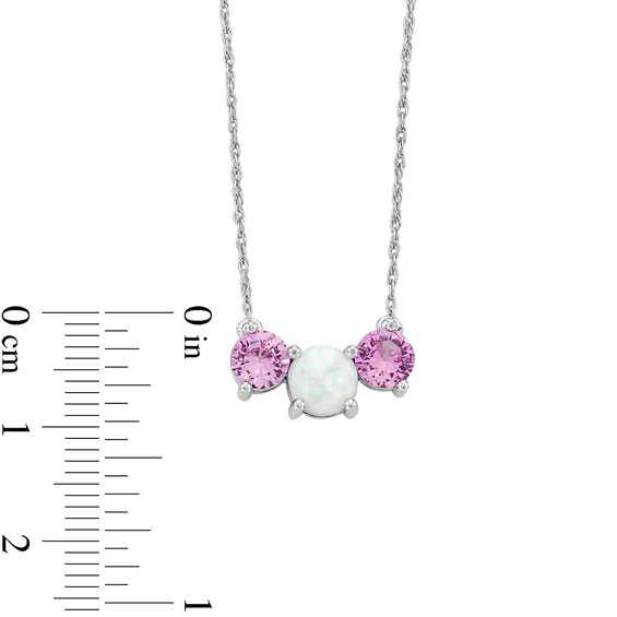 6.0mm Lab-Created Opal and Pink Lab-Created Sapphire Three Stone Necklace in Sterling Silver