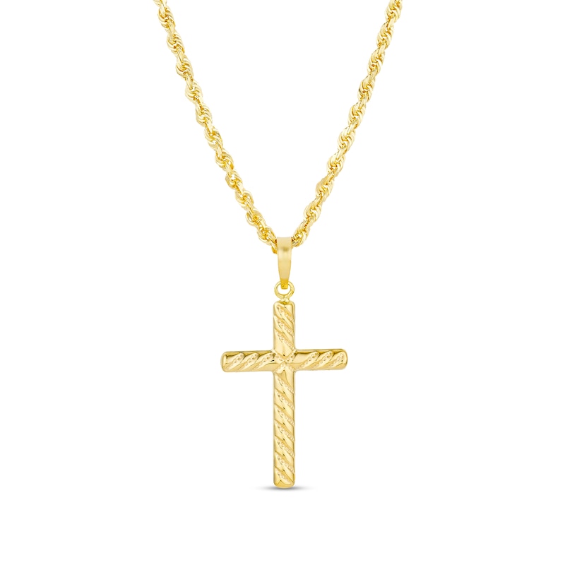 Main Image 1 of Rope-Textured Twist Cross Pendant in 10K Gold - 20”
