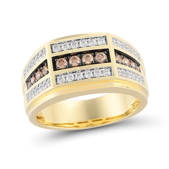 3/4 CT. T.w. Champagne and White Diamond Triple Row Angled Ring in 10K Gold