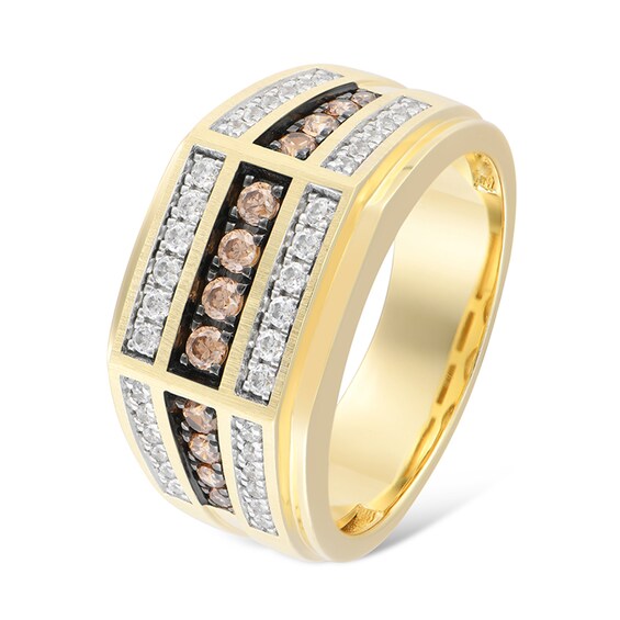 3/4 CT. T.w. Champagne and White Diamond Triple Row Angled Ring in 10K Gold