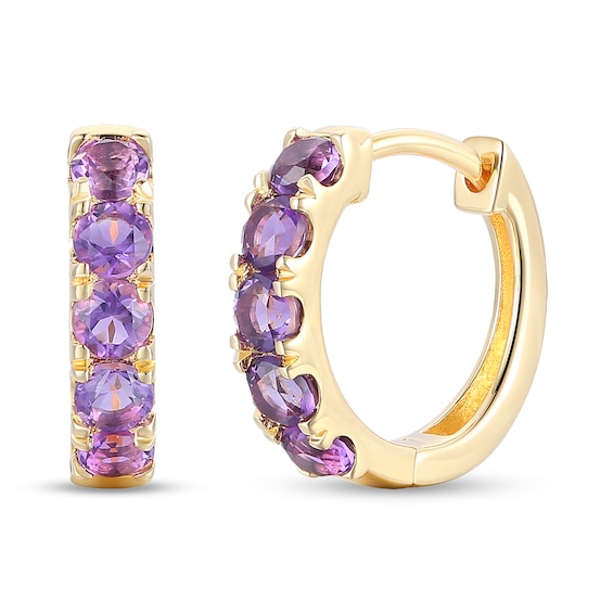Amethyst Five Stone Huggie Hoop Earrings in Sterling Silver with 14K Gold Plate