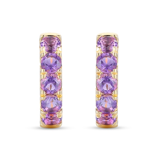 Amethyst Five Stone Huggie Hoop Earrings in Sterling Silver with 14K Gold Plate