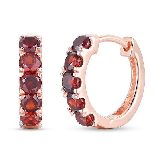 Garnet Five Stone Huggie Hoop Earrings in Sterling Silver with 14K Rose Gold Plate