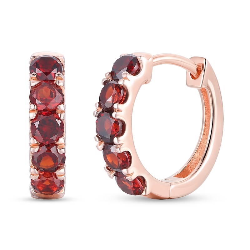 Main Image 1 of Garnet Five Stone Huggie Hoop Earrings in Sterling Silver with 14K Rose Gold Plate