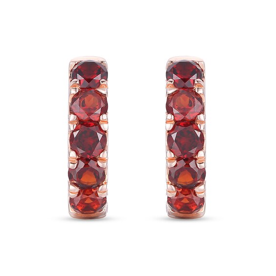Garnet Five Stone Huggie Hoop Earrings in Sterling Silver with 14K Rose Gold Plate