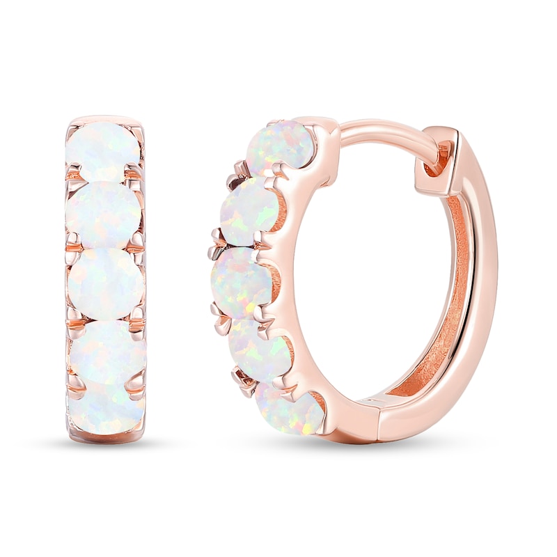 Main Image 1 of Lab-Created Opal Five Stone Huggie Hoop Earrings in Sterling Silver with 14K Rose Gold Plate