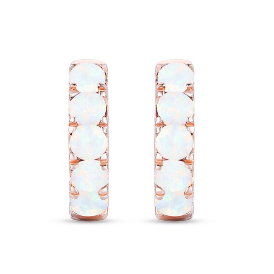 Lab-Created Opal Five Stone Huggie Hoop Earrings in Sterling Silver with 14K Rose Gold Plate