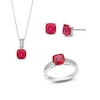 Thumbnail Image 1 of Cushion-Cut Lab-Created Ruby and White Lab-Created Sapphire Pendant, Ring and Stud Earrings Set in Sterling Silver