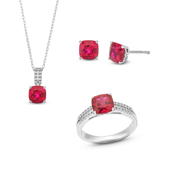 Cushion-Cut Lab-Created Ruby and White Lab-Created Sapphire Pendant, Ring and Stud Earrings Set in Sterling Silver
