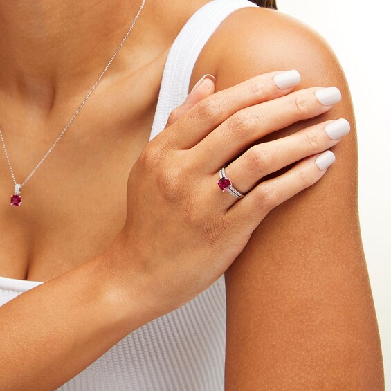 Cushion-Cut Lab-Created Ruby and White Lab-Created Sapphire Pendant, Ring and Stud Earrings Set in Sterling Silver