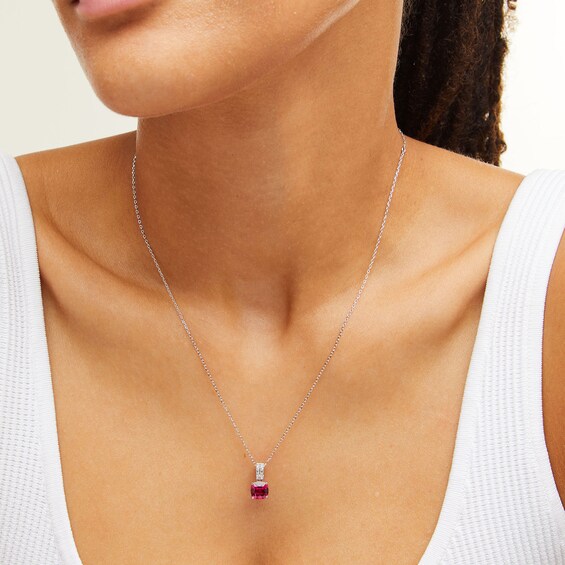 Cushion-Cut Lab-Created Ruby and White Lab-Created Sapphire Pendant, Ring and Stud Earrings Set in Sterling Silver