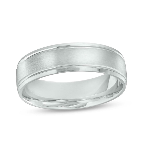 6.0mm Brushed Center Comfort-Fit Engravable Wedding Band in Platinum (1 Line)