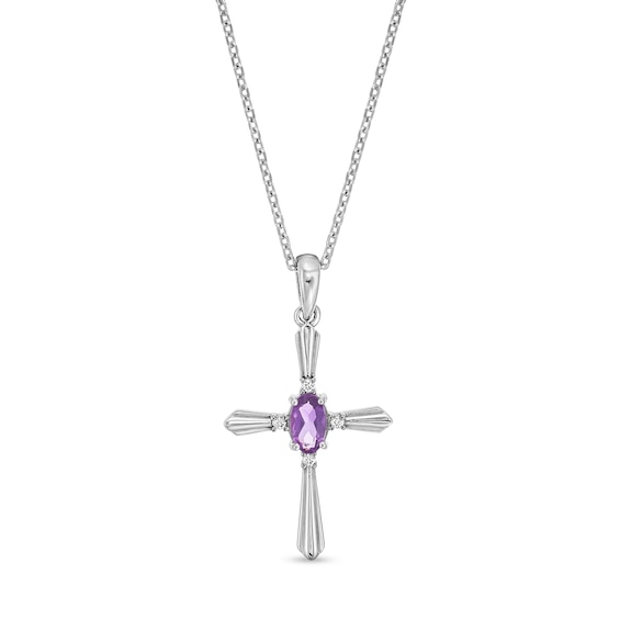 Oval Amethyst and Diamond Accent Flared Cross Pendant in Sterling Silver