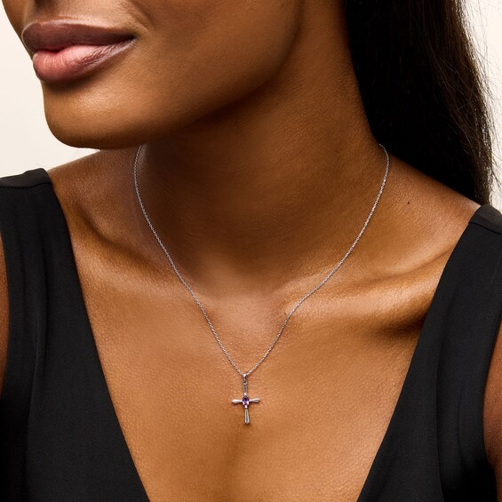 Oval Amethyst and Diamond Accent Flared Cross Pendant in Sterling Silver