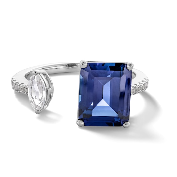 Emerald-Cut Blue and White Lab-Created Sapphire Open Shank Ring in Sterling Silver