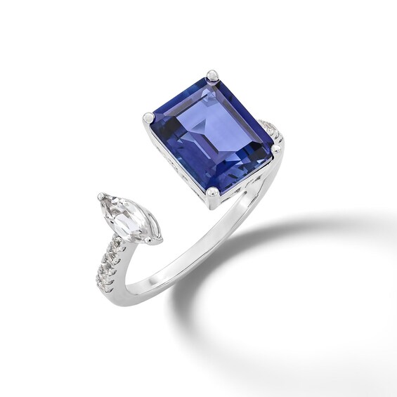 Emerald-Cut Blue and White Lab-Created Sapphire Open Shank Ring in Sterling Silver