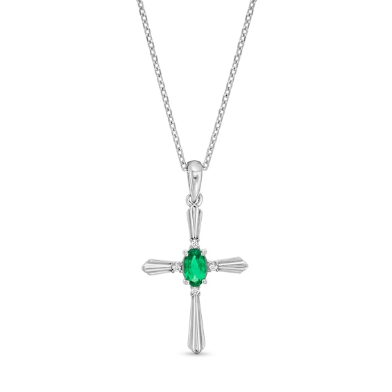 Oval Lab-Created Emerald and Diamond Accent Flared Cross Pendant in Sterling Silver