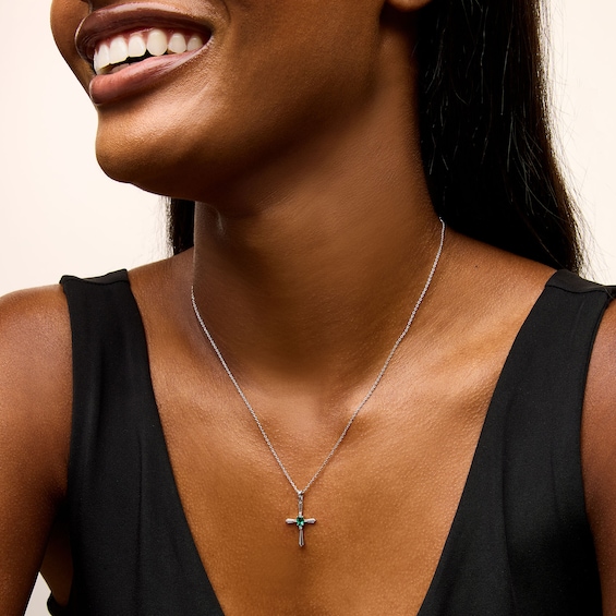 Oval Lab-Created Emerald and Diamond Accent Flared Cross Pendant in Sterling Silver