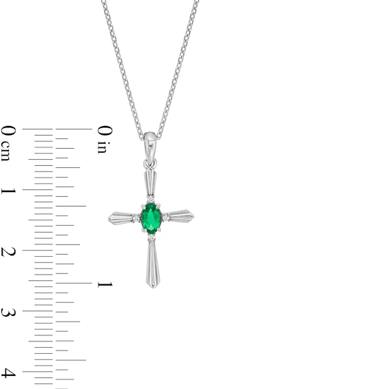 Oval Lab-Created Emerald and Diamond Accent Flared Cross Pendant in Sterling Silver