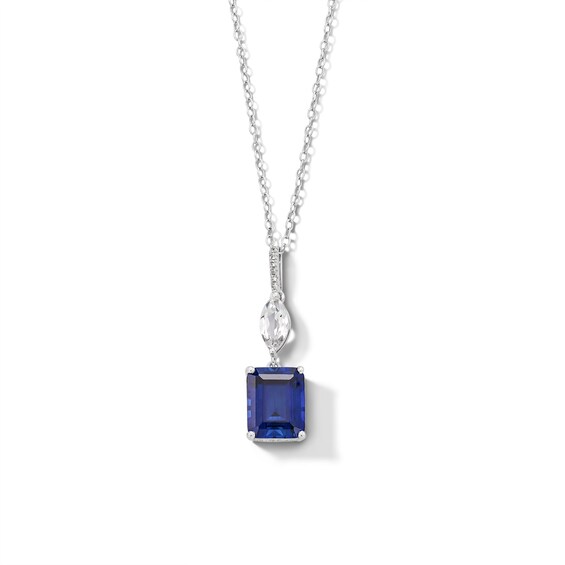 Emerald-Cut Blue and White Lab-Created Sapphire Double Drop Pendant in Sterling Silver