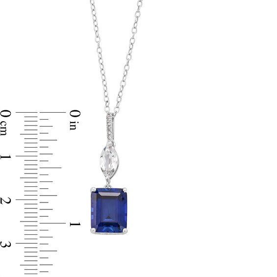 Emerald-Cut Blue and White Lab-Created Sapphire Double Drop Pendant in Sterling Silver