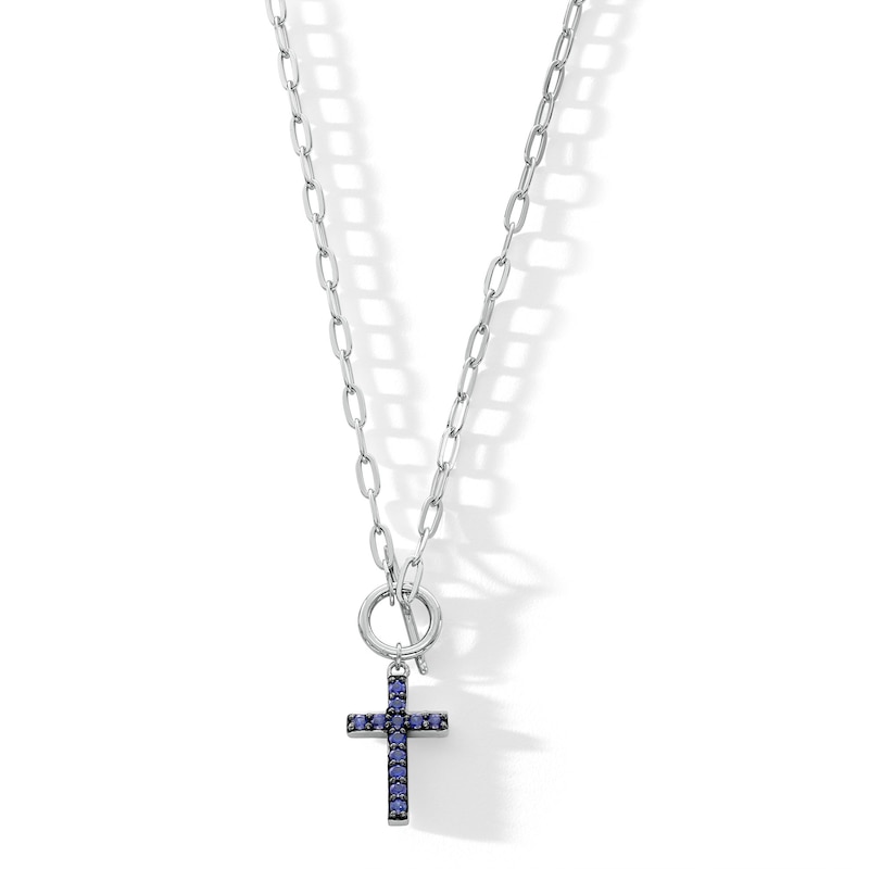 Main Image 1 of Blue Lab-Created Sapphire Cross Charm Paper Clip Chain Toggle Necklace in Sterling Silver