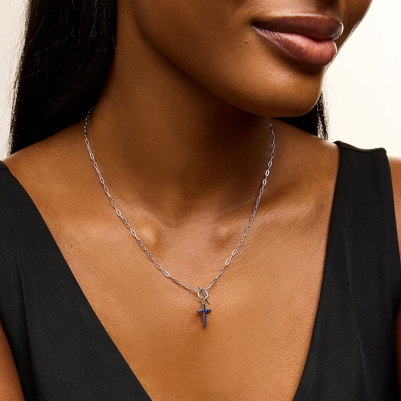 Main Image 2 of Blue Lab-Created Sapphire Cross Charm Paper Clip Chain Toggle Necklace in Sterling Silver