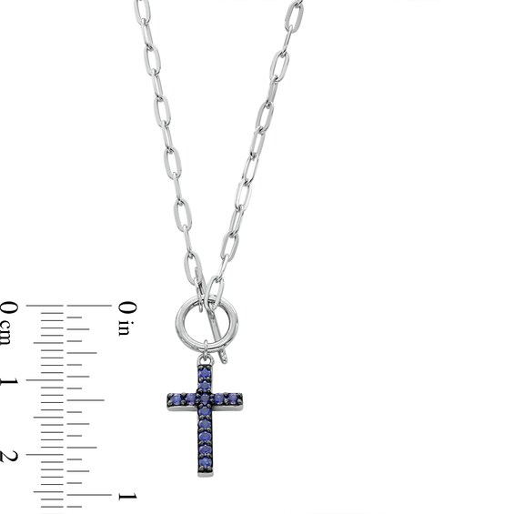 Blue Lab-Created Sapphire Cross Charm Paper Clip Chain Toggle Necklace in Sterling Silver