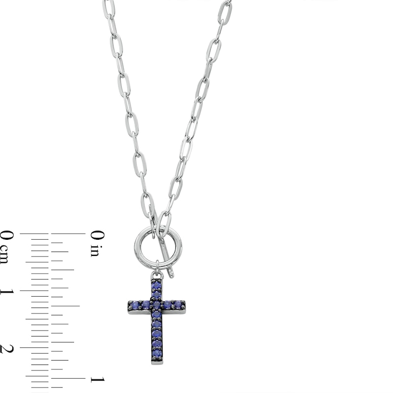Main Image 3 of Blue Lab-Created Sapphire Cross Charm Paper Clip Chain Toggle Necklace in Sterling Silver