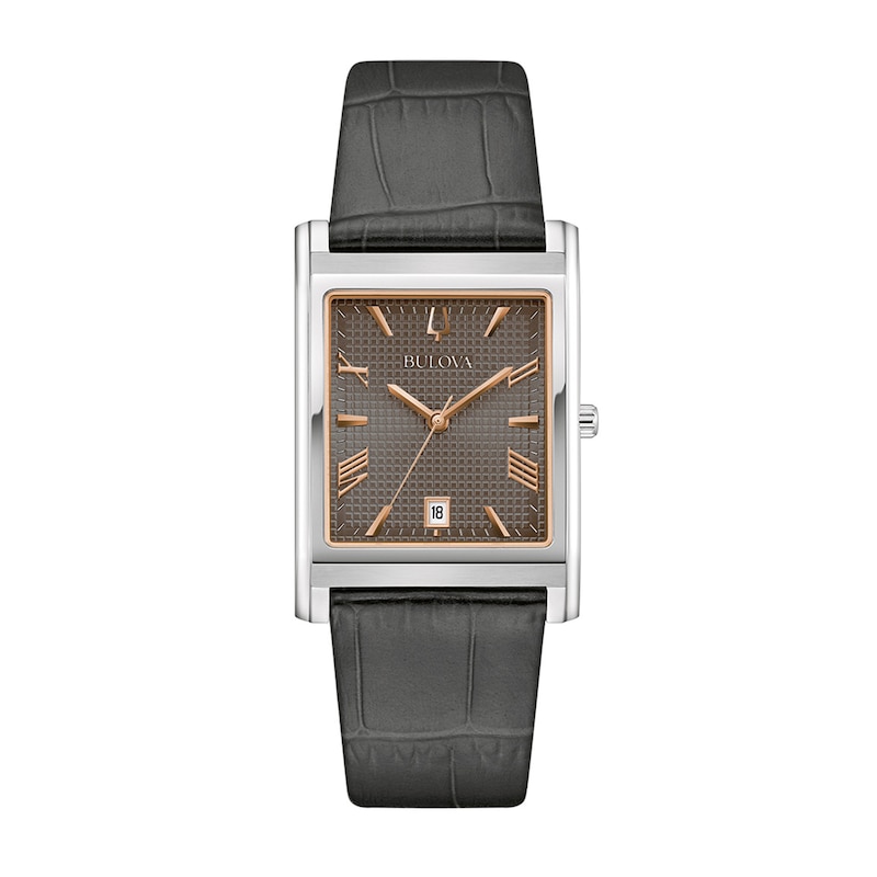 Main Image 1 of Men's Bulova Sutton Two-Tone IP Grey Leather Strap Watch with Rectangular Grey Dial (Model: 96B443)