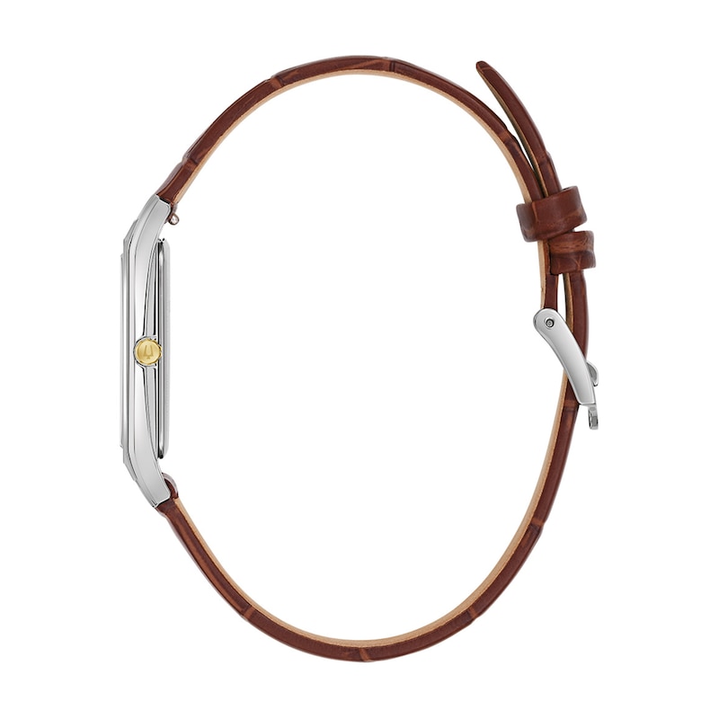 Main Image 2 of Men's Bulova Sutton Two-Tone IP Brown Leather Strap Watch with Rectangular White Dial (Model: 98B430)