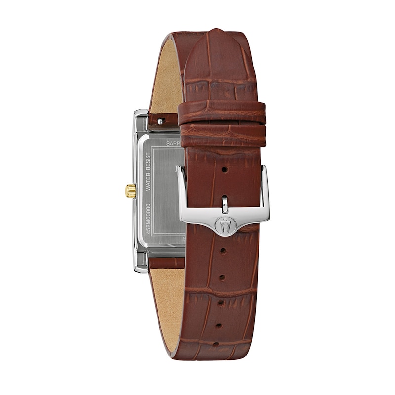 Main Image 3 of Men's Bulova Sutton Two-Tone IP Brown Leather Strap Watch with Rectangular White Dial (Model: 98B430)