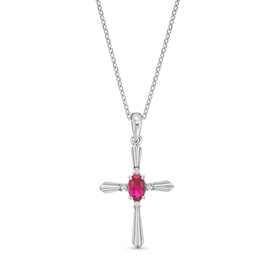 Oval Lab-Created Ruby and Diamond Accent Flared Cross Pendant in Sterling Silver
