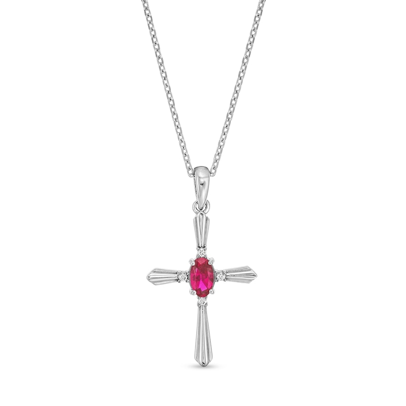 Main Image 1 of Oval Lab-Created Ruby and Diamond Accent Flared Cross Pendant in Sterling Silver