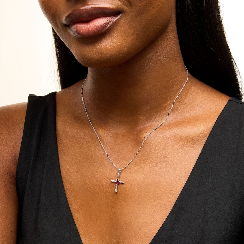 Main Image 2 of Oval Lab-Created Ruby and Diamond Accent Flared Cross Pendant in Sterling Silver