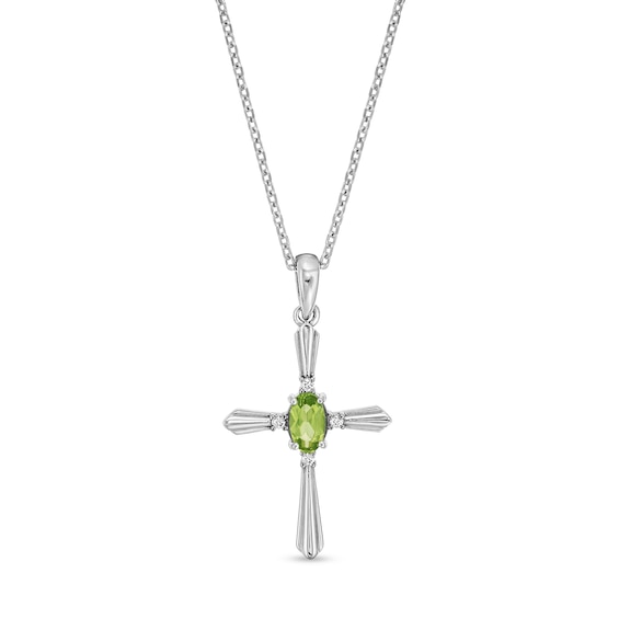 Oval Peridot and Diamond Accent Flared Cross Pendant in Sterling Silver