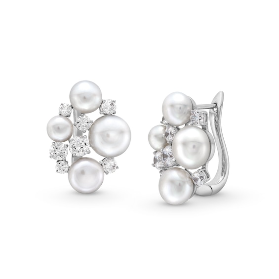 5.0-8.5mm Button Freshwater Cultured Pearl and White Lab-Created Sapphire Cluster Drop Earrings in Sterling Silver
