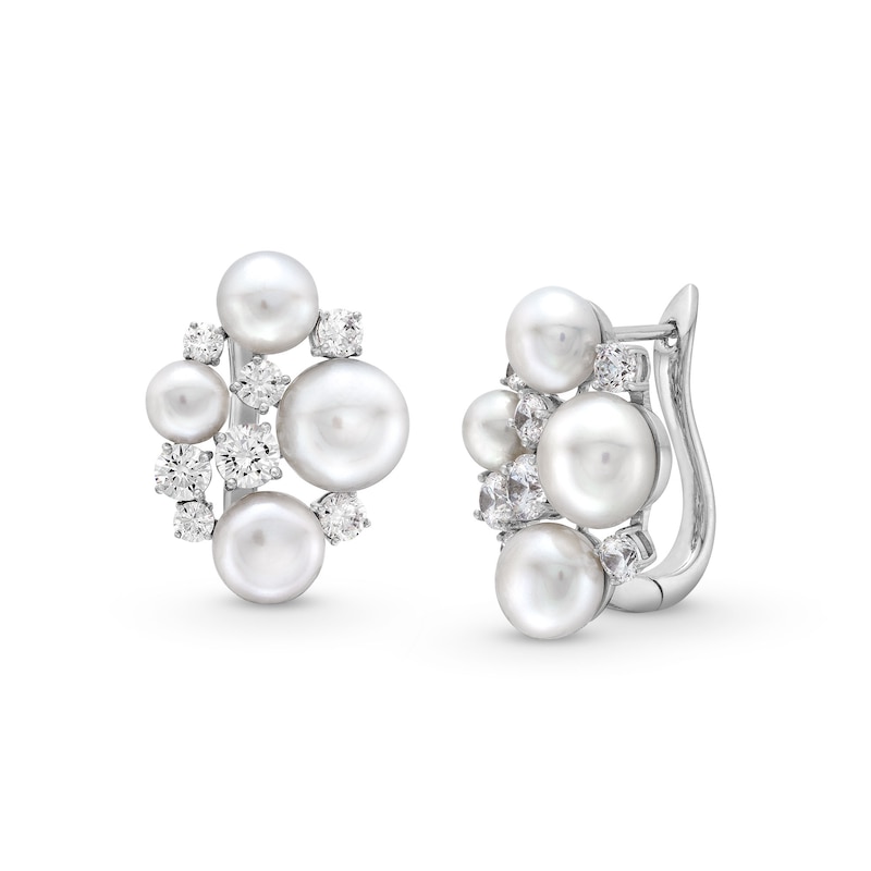 Main Image 1 of 5.0-8.5mm Button Freshwater Cultured Pearl and White Lab-Created Sapphire Cluster Drop Earrings in Sterling Silver