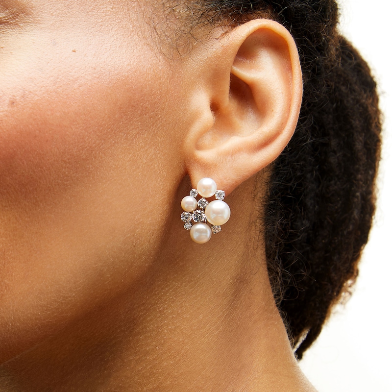 Main Image 2 of 5.0-8.5mm Button Freshwater Cultured Pearl and White Lab-Created Sapphire Cluster Drop Earrings in Sterling Silver