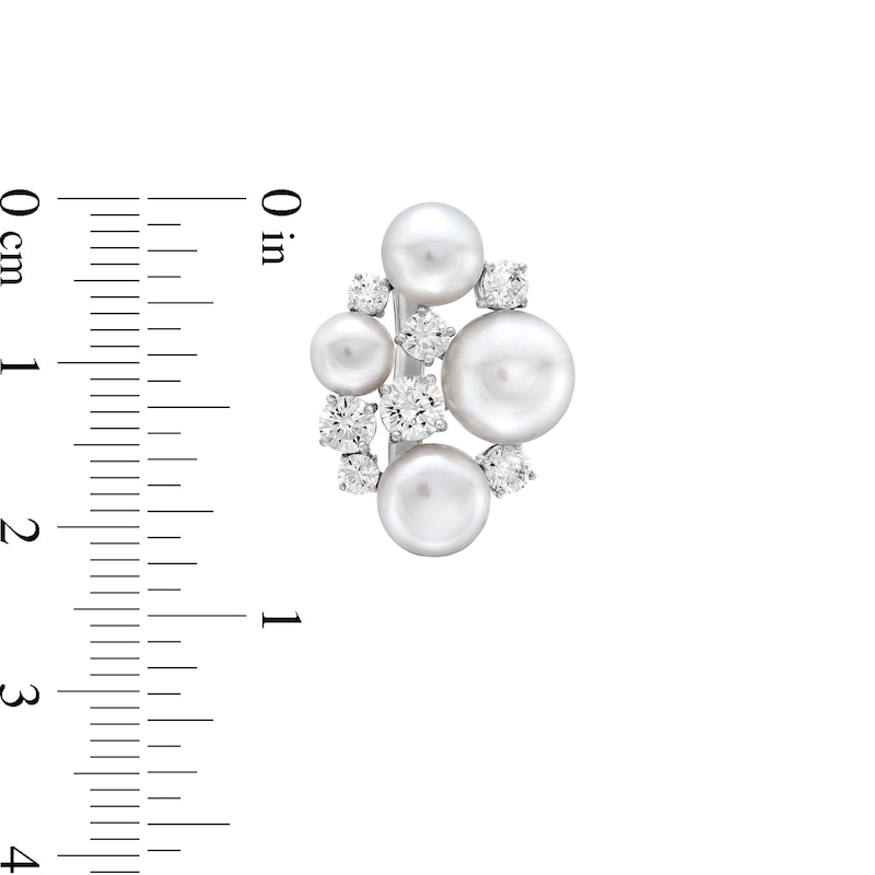 Main Image 3 of 5.0-8.5mm Button Freshwater Cultured Pearl and White Lab-Created Sapphire Cluster Drop Earrings in Sterling Silver