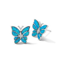 Blue Lab-Created Opal and White Lab-Created Sapphire Butterfly Stud Earrings in Sterling Silver