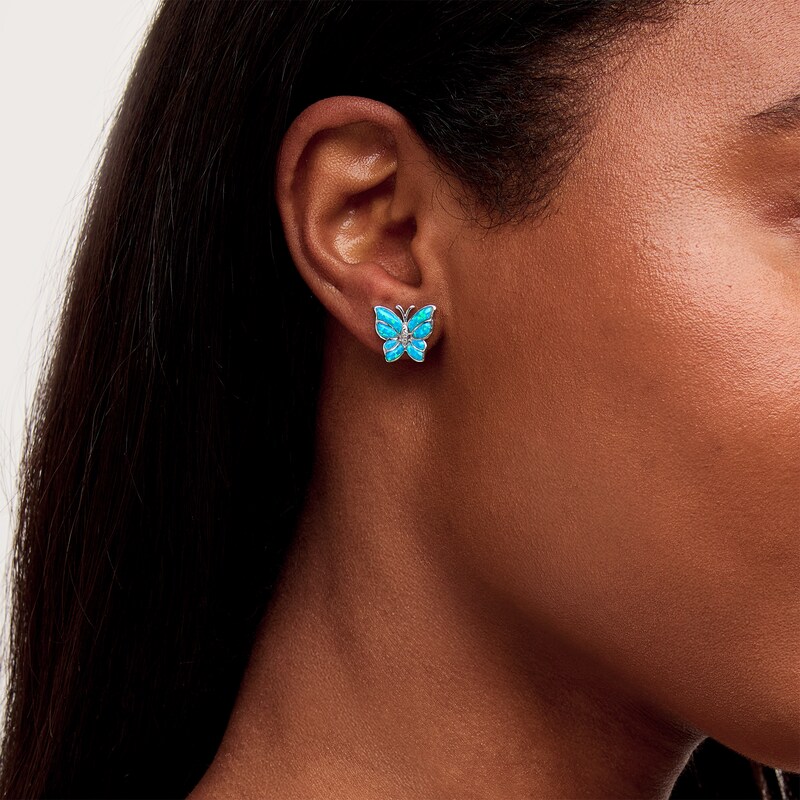Main Image 2 of Blue Lab-Created Opal and White Lab-Created Sapphire Butterfly Stud Earrings in Sterling Silver