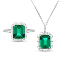 Emerald-Cut Lab-Created Emerald and White Lab-Created Sapphire Frame Pendant and Ring Set in Sterling Silver - Size 7