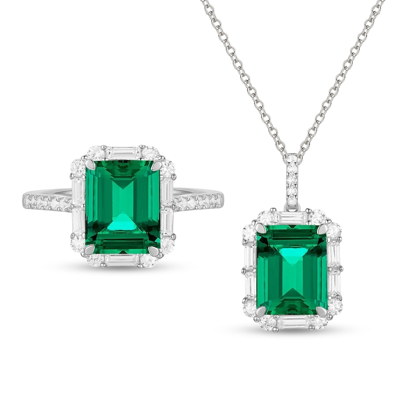 Main Image 1 of Emerald-Cut Lab-Created Emerald and White Lab-Created Sapphire Frame Pendant and Ring Set in Sterling Silver - Size 7