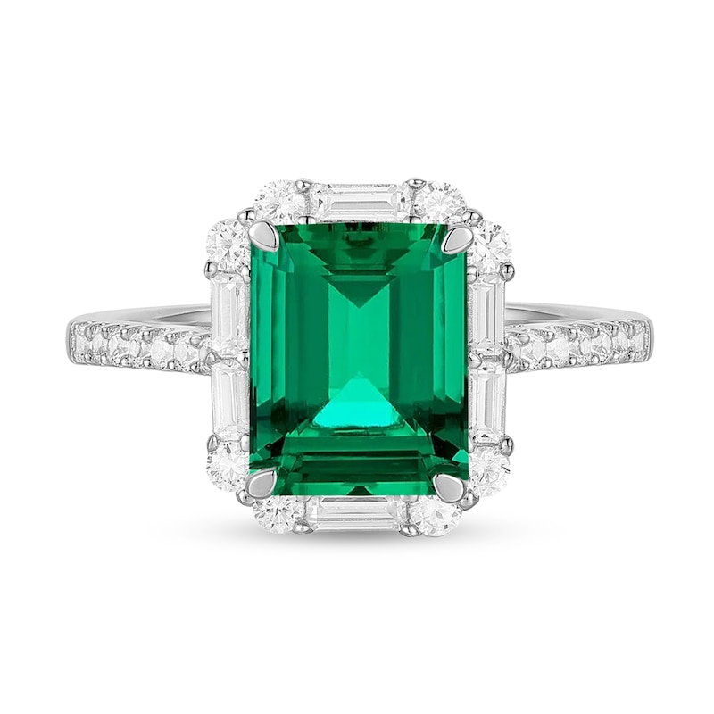 Main Image 3 of Emerald-Cut Lab-Created Emerald and White Lab-Created Sapphire Frame Pendant and Ring Set in Sterling Silver - Size 7