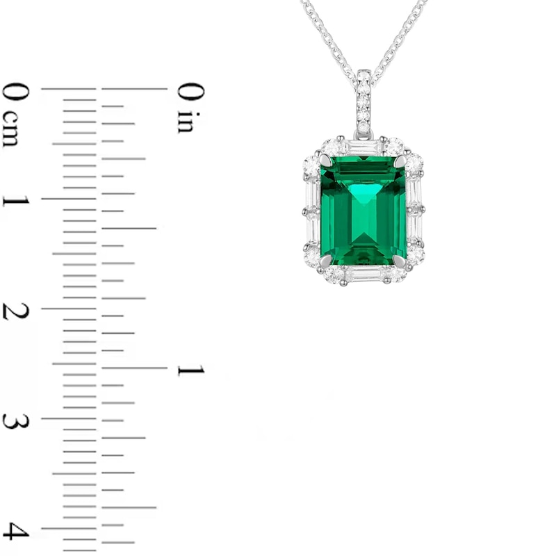Main Image 4 of Emerald-Cut Lab-Created Emerald and White Lab-Created Sapphire Frame Pendant and Ring Set in Sterling Silver - Size 7