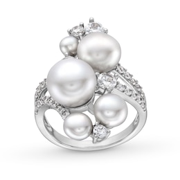 4.0-8.5mm Button Freshwater Cultured Pearl and White Lab-Created Sapphire Cluster Bypass Ring in Sterling Silver